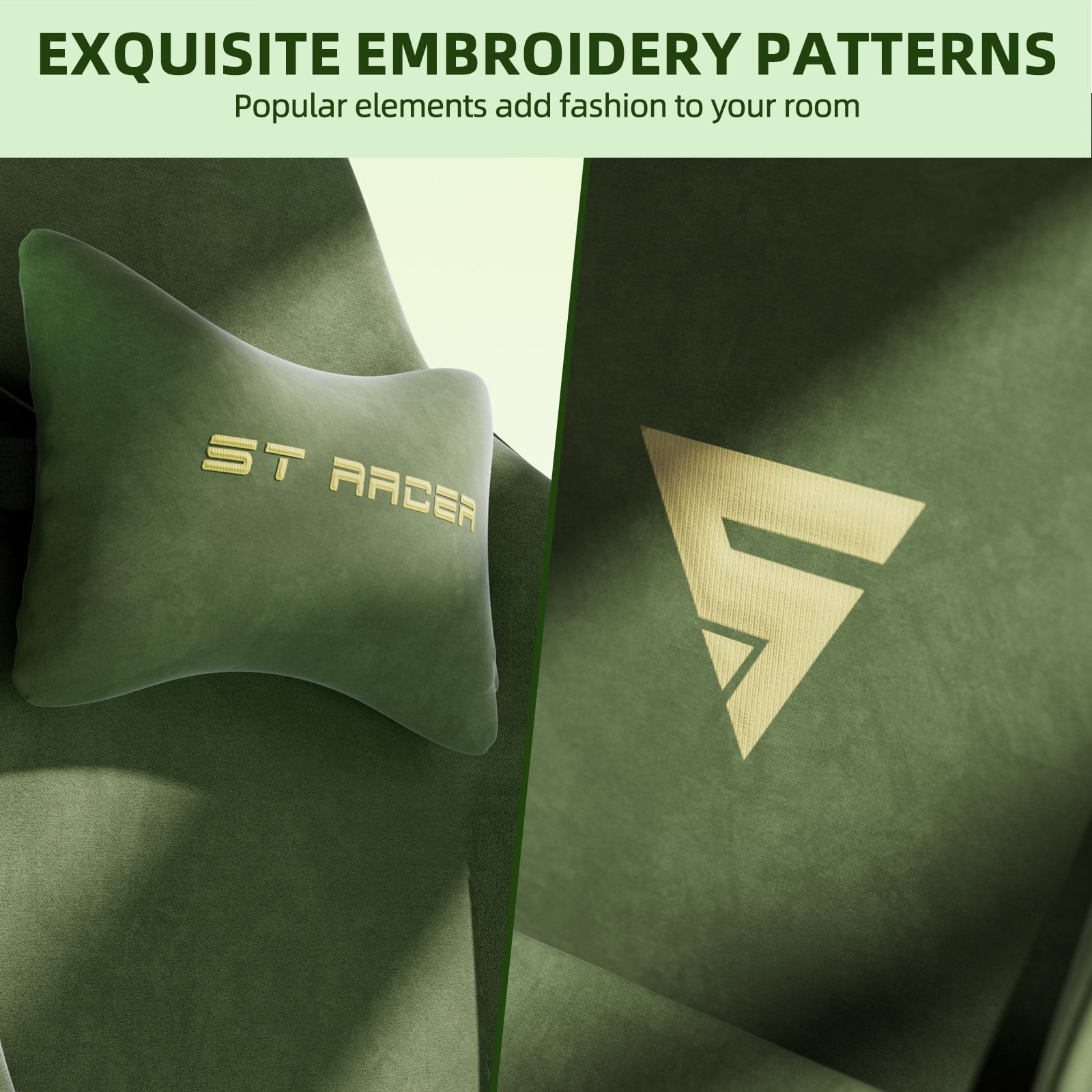 SOONTRANS Gaming Chair for Adult, Velvet Fabric High Back Gamer Game Chair with Footrest, Ergonomic Comfortable Computer Office Chair with Massage Lumbar Cushion, Reclining Leather Desk Chair, Green