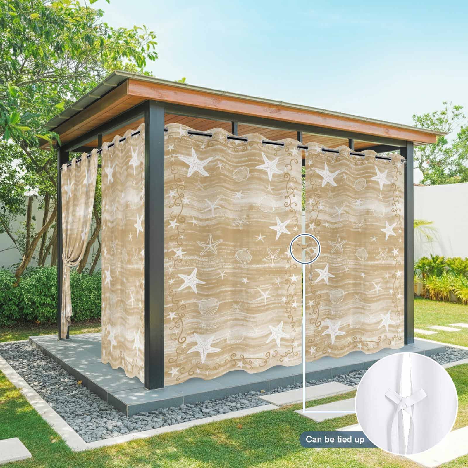 Light Brown Coastal Outdoor Curtains for Patio, Starfish Shell Summer Beach Ocean Rustic Sunshade Privacy Drapes Grommet Waterproof Outside Curtains for Porch/Cabana/Balcony 54"x 108", 1 Panel