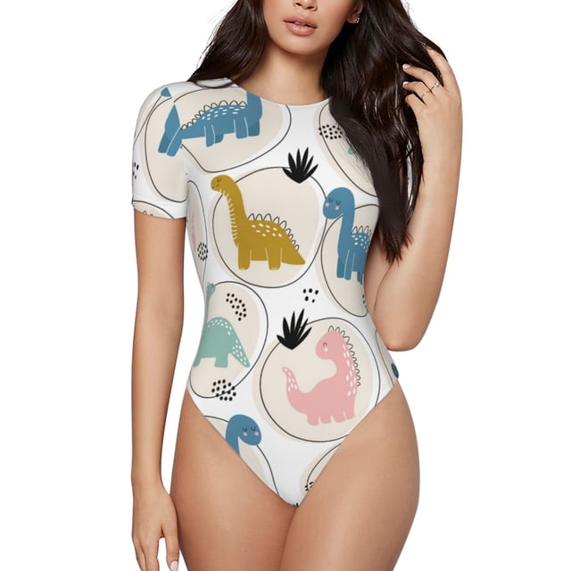 Balery Cute Dinosaurs Body de cuello redondo de manga corta para mujer Tops de manga corta Tops básicos-X-Large