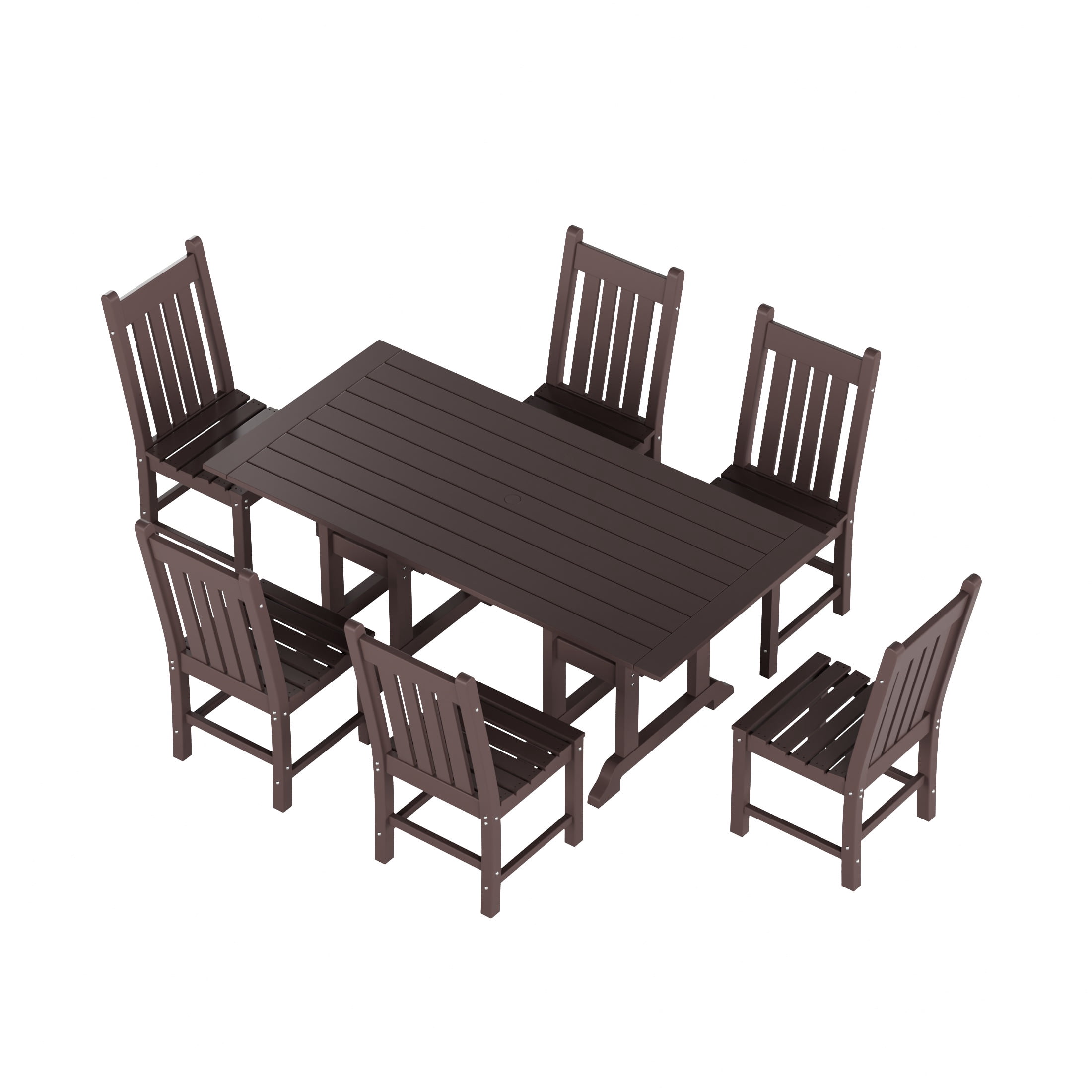 WestinTrends Malibu 7 Piece Outdoor Dining Set, All Weather Poly Lumber Patio Table and Chairs Furniture Set, 71" Trestle Dining Table with Umbrella Hole and 6 Arm Chairs, Dark Brown
