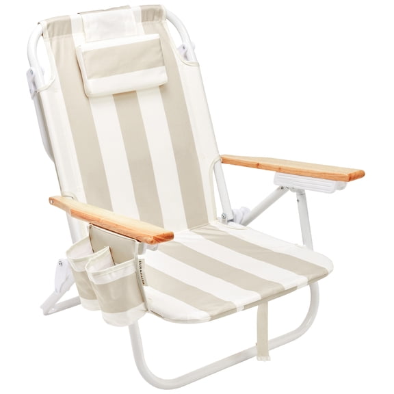 Sunnylife: Deluxe Beach Chair - Oyster Stripe - Cream Fabric Lounger Seat, Adjustable Recline Back, Mini Cooler Bag, Drink Holders, Pool-Sand-Outdoor
