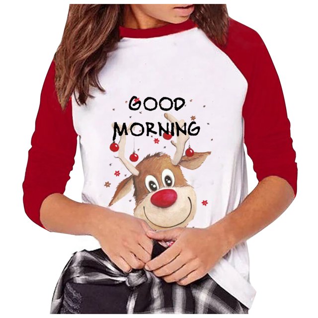 Moda mujer Navidad cuello redondo manga larga Patchwork impresión camiseta Casual blusa Tops Pompotops gfhjh4523