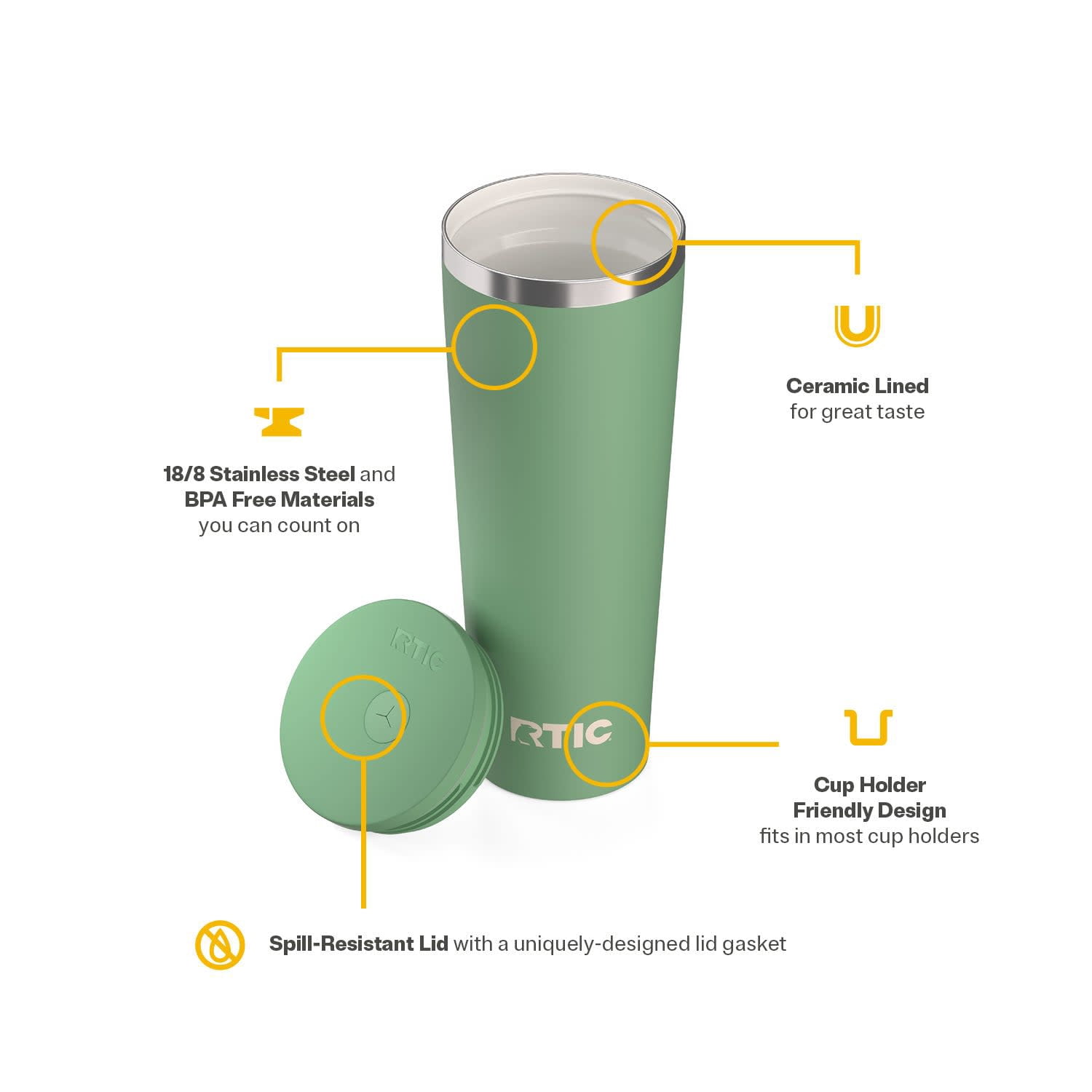RTIC 28 oz Ceramic Lined Everyday Tumbler with Spill-Resistant Straw Lid, Sage