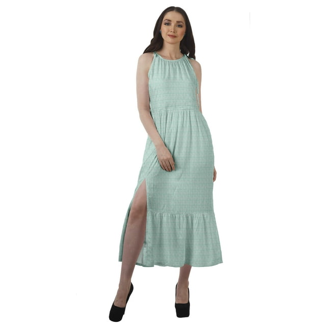 Moomaya Robe Maxi Sans Manches à Col Licou Imprimée avec Fente avant pour Femmes Robe d'Été