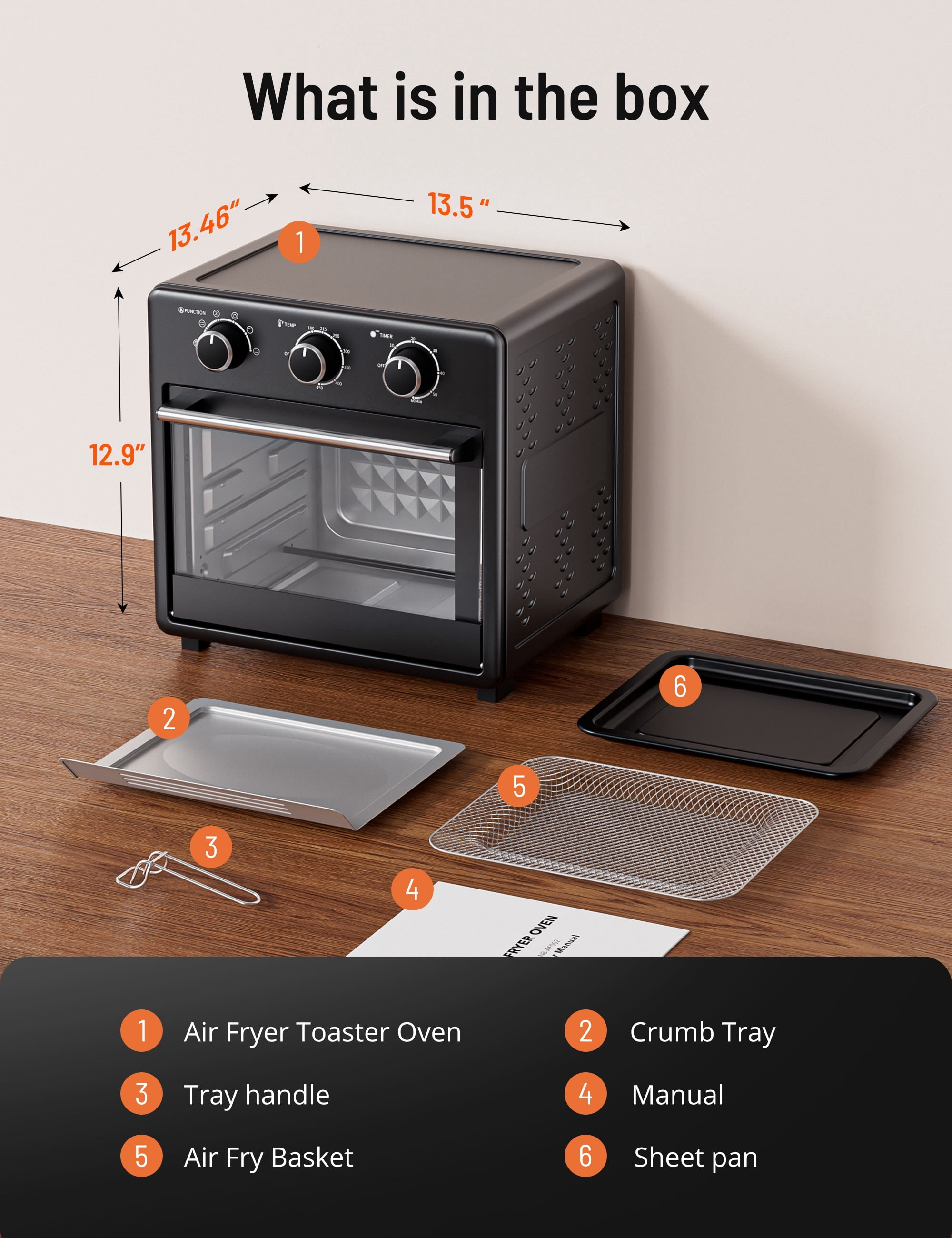 TaoTronics Air Fryer, 17QT Large Capacity Toaster Oven Countertop 6-in-1 Combo, Non-Stick, 1700W