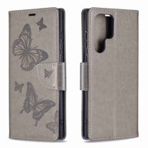Dteck Case for Samsung Galaxy S22 Ultra 5G, [Kickstand][Wrist Strap][Card Holder Slots] Butterfly Floral Embossed PU Leather Flip Cover for Samsung Galaxy S22 Ultra 5G - Gray
