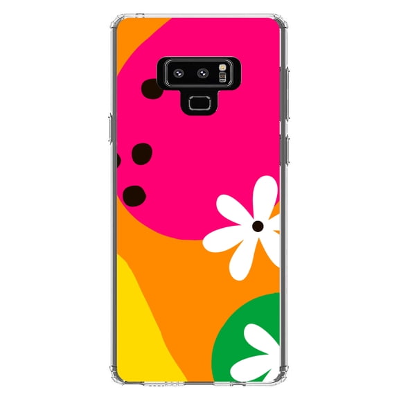 DistinctInk Clear Shockproof Hybrid Case for Samsung Galaxy Note 9 - TPU Bumper, Acrylic Back, Tempered Glass Screen Protector - Summer Vibes Bold Flower Orange Pink Yellow