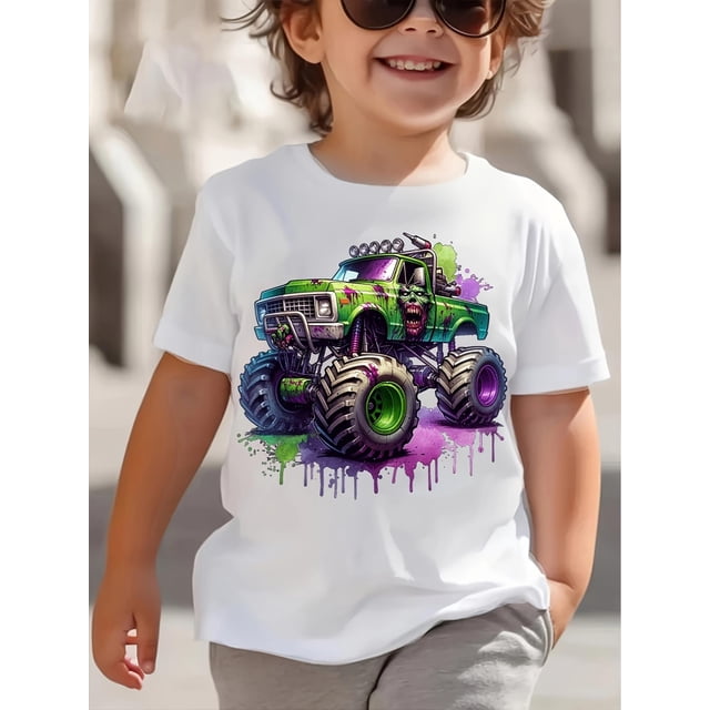 Camiseta informal de verano de manga corta para niño con estampado de todoterreno, fresca, cómoda y atractiva. Regalo.