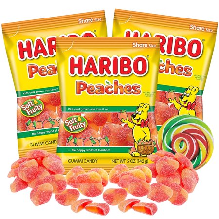Haribo Peaches Gummi Candies  Soft and Fruit Flavored Shareable Candy Bags  Individual Packs for Pinatas  and Goodie Bags  with Candy Magnet  Pack of 3  5 Ounces