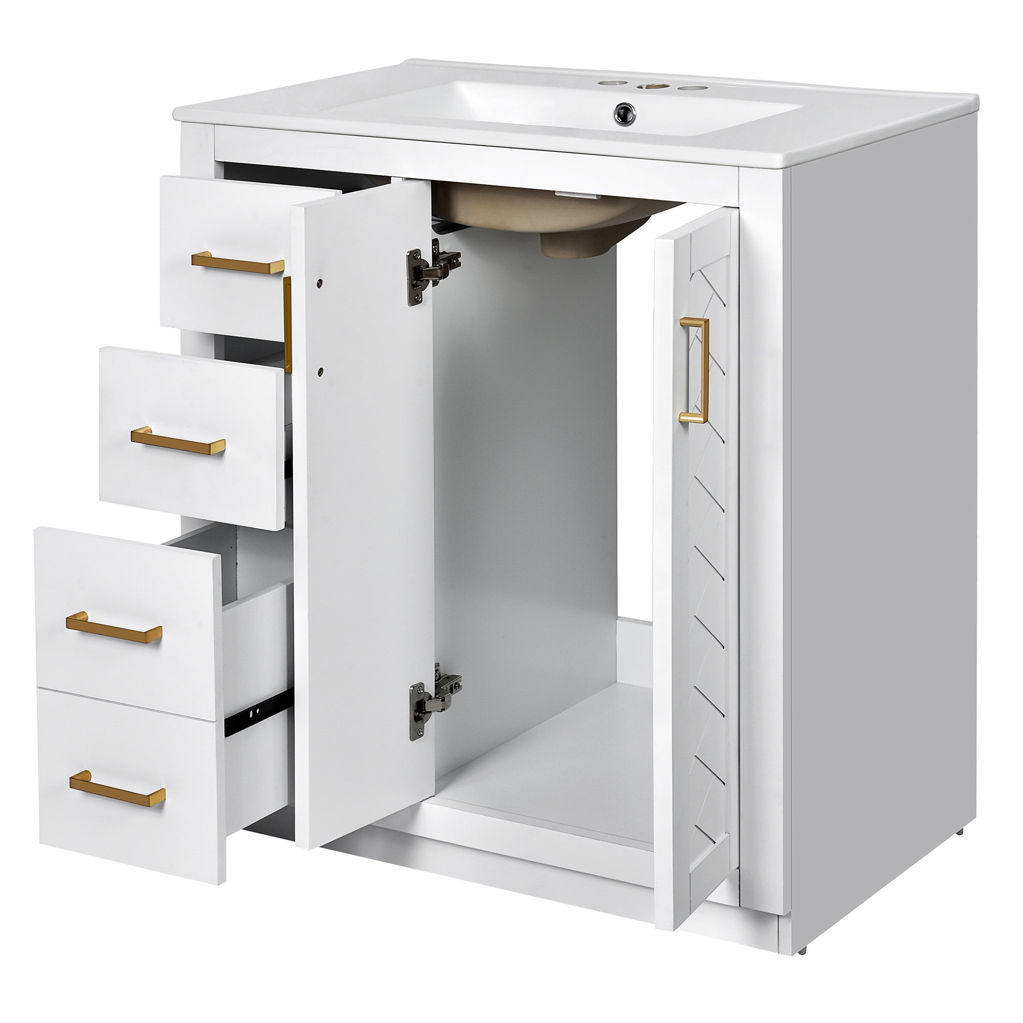 SogesPower 30" Bathroom Vanity with Ceramic Sink, Solid Wood Bathroom Makeup Cabinet with One Cabinet and 3 Drawers, FreeStanding Single Basin Vanity Set for Bathroom, White