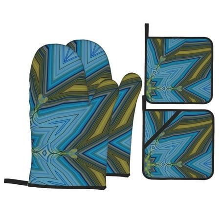 

YFYANG Oven Mitts and Pot Holders Sets 4 Pieces Non-Slip Heat Resistant Blue Mandala Pattern Kitchen Glove Pot Mat for Cooking and Baking