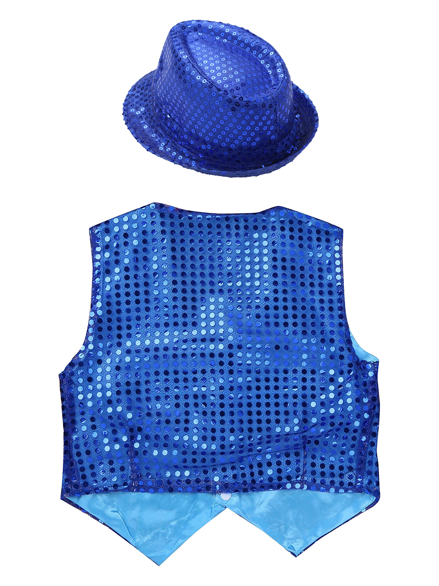 IEFIEL Kids Boys Sparkle Sequins Button Down Vest with Hat Dance Outfit Set Hip Hop Jazz Stage Performance Costume Blue 7-8 - image 4 of 7