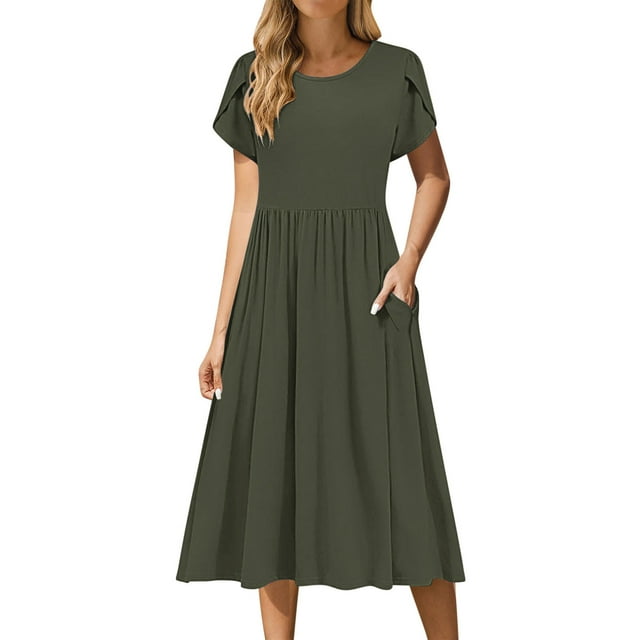 yoeyez Maxi Robes d'Été pour Femmes 2025 Été Petite Pétale Manches Courtes Robes Midi avec Poches Couleur Unie Col Ras du Cou Plissée Robe Soleil Fluide Plage Boho Robe Vert Armée,m