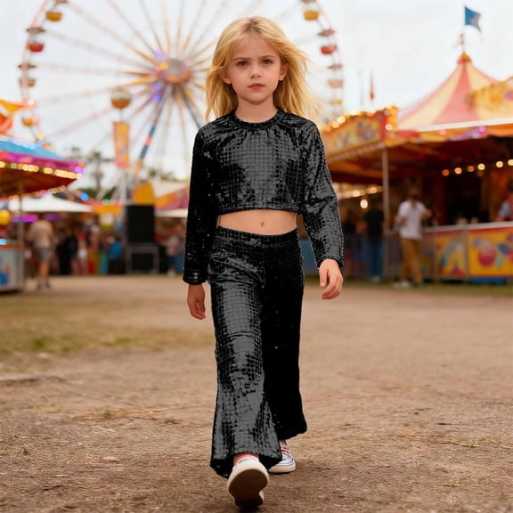 MEZZALL Girls Glitter Sequin Party Performance Outfits Two Piece Round Sequins Long Sleeve O-Neck Tops Flared Pants Stage Shows Trendy Clothing Sets