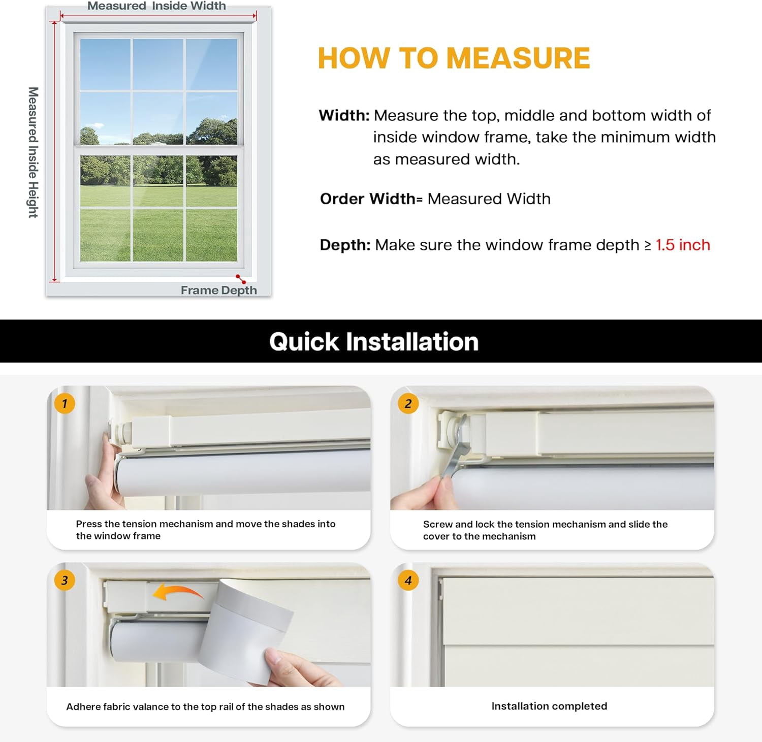 LazBlinds No Drill Blinds for Indoor Windows, Blackout Roller Shades, Cordless Window Blinds, Thermal Insulated Fabric UV Protection, for in Home and Office, 34.5" W x 72" H, White