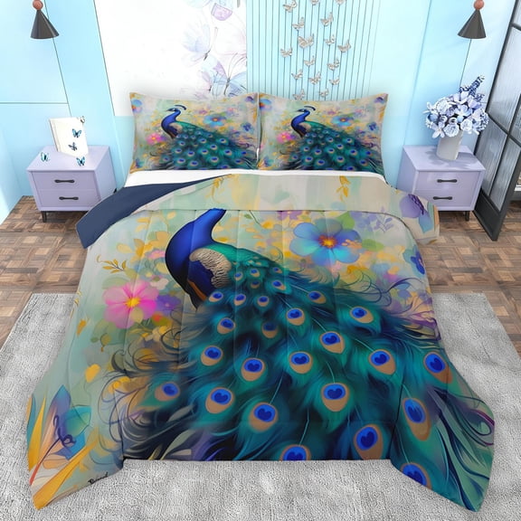 Feelyou 3D Peacock Animal Full Size Comforter Sets, Western Flower Floral Bedding Comforter Set, Vintage Art Fashion Reversible Bedding Sets, Ultra Soft Bedroom Decor, 3pcs