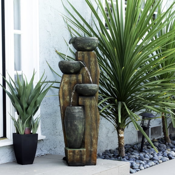 Alpine Corporation 40" Tall Cascading Rustic Bowls Fountain with LED Lights Yard Decoration