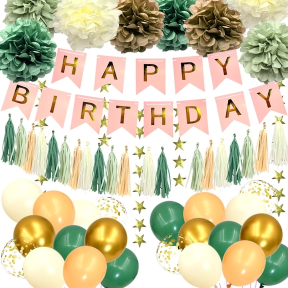 Sage Green Birthday Party Decorations Set for Women, Happy Birthday Banner Tissue Pompoms Paper Tassel Circle Garland Star Garland Ribbon Balloons Kit