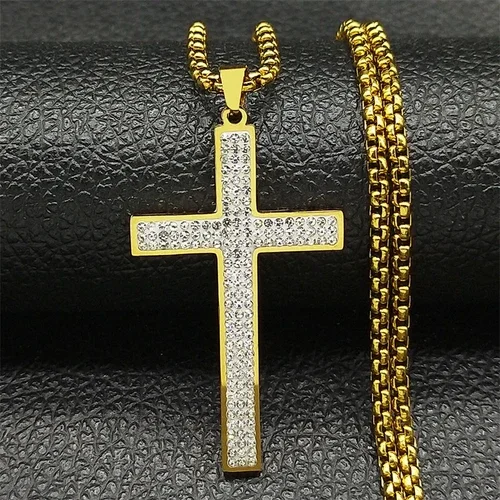 Trendy Cross Rhinestone Pendant Necklace For Women Men 14K Yellow Gold Religion Catholic Chain Jewelry Gifts