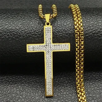 Collana con croce in oro con pepita: placcata in oro 14k, catena francese da 5 mm, garanzia di sostituzione a vita - Italia Collana con croce in oro con pepita: placcata in oro 14k, catena francese da 5 mm, garanzia di sostituzione a vita - Italia