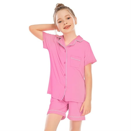 

KAWELL Unisex Girls Boys Modal Pajamas Set Button-Down PJs Short Sleeve Sleepwear Nightwear Two-Piece Lounge Sets for 5-14 Years
