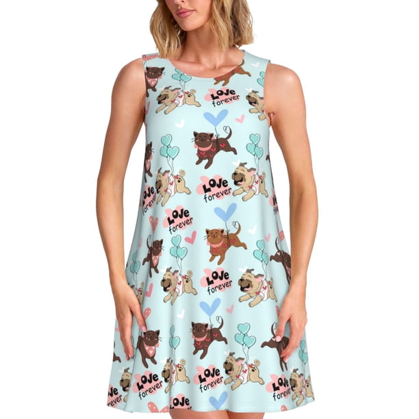 Fotbe Cute Pug Dogs Vestido de Verano sin Mangas para Mujer – Vestido Midi Línea A, Estilo Camiseta Floral, Vestido Playero Casual y Fluido