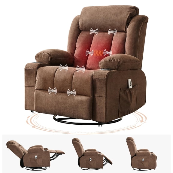 EuKer Recline Rocker Swivel Chair, Rocker Recline with Massage and Heat for Bedroom, Living Room, Brown