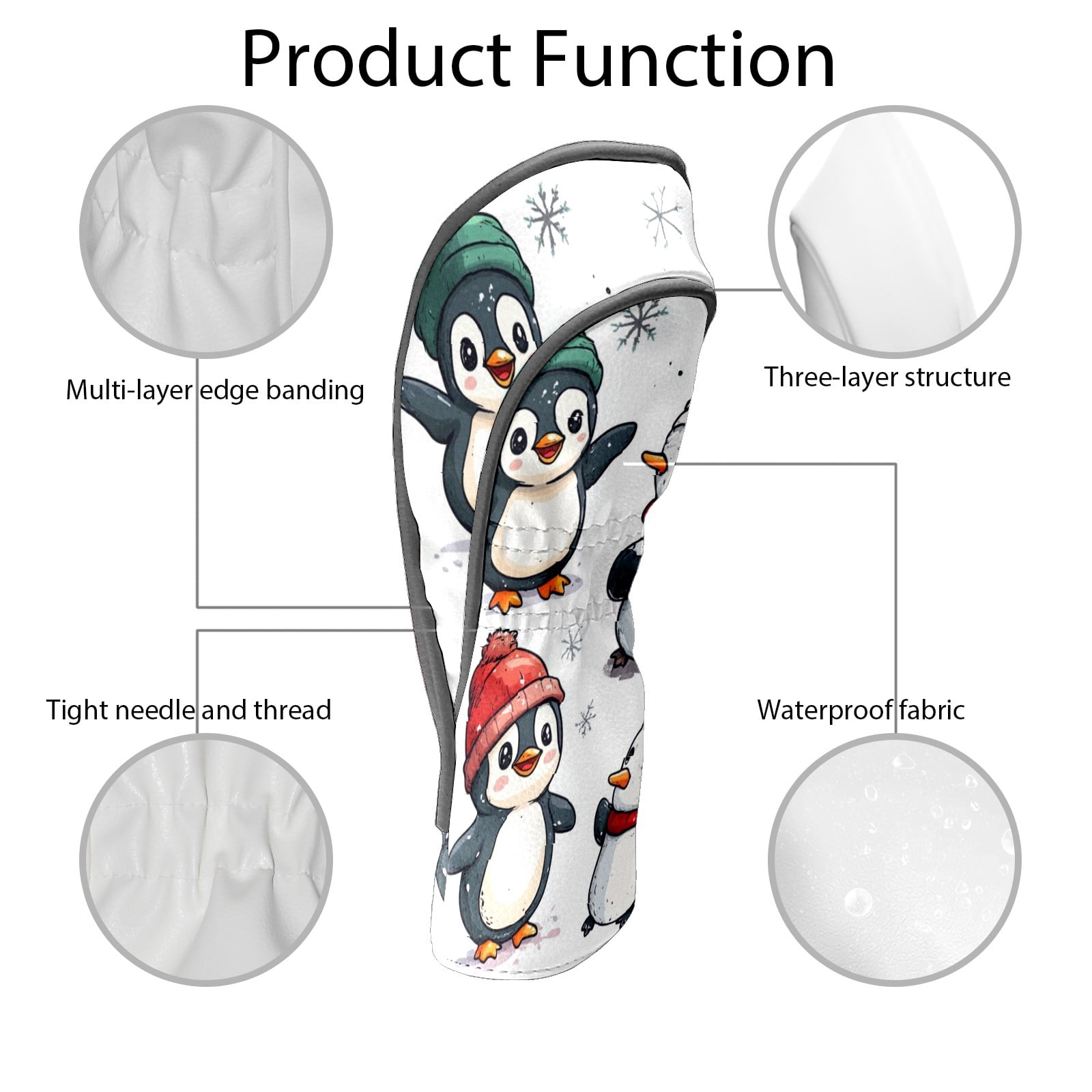 Golf Head Covers Winter Penguins Design for Driver, Wood & Hybrid, Premium Waterproof PU Leather with Plush Lining, Festive Winter Golf Gifts