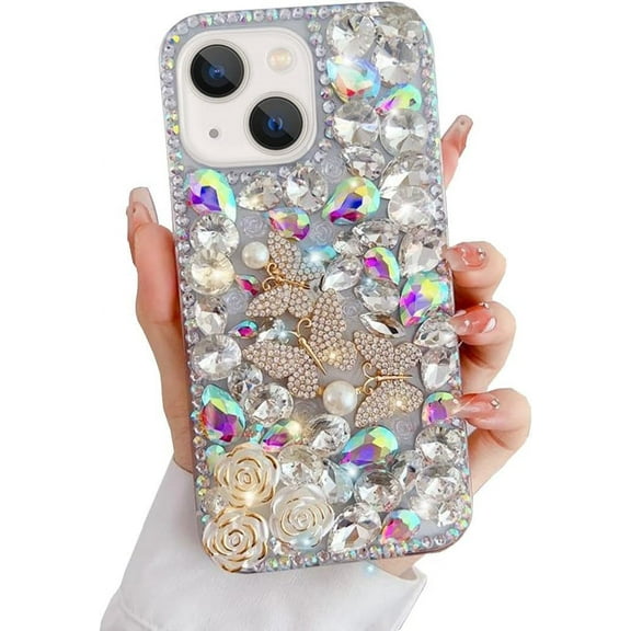 iPhone 13 Bling Glitter Case,Luxury Bling Diamond Rhinestone Gemstone 3D Butterfly and Rose Flower Gemstone Soft TPU Back Cover Case for Women Girls with iPhone 13 6.1"