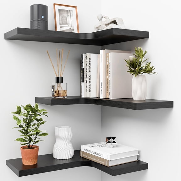 Corner Floating Shelves for Wall Mounted L-Shaped Wood Corner Wall Shelf, Hanging Shelf for Bathroom, Bedroom, Kitchen, Living Room, Office, Home Decor, Set of 3 (Black)