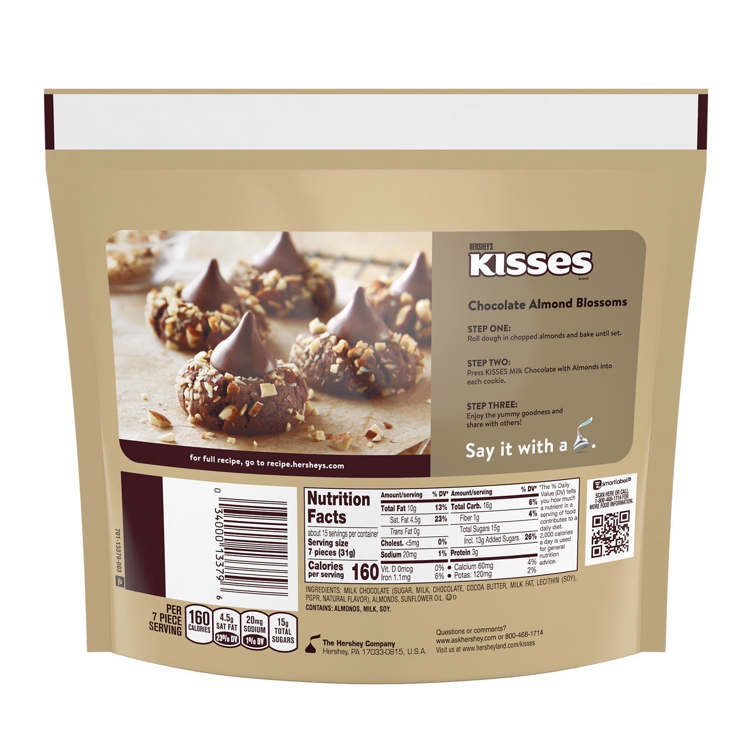 Hershey's Kisses Milk Chocolate with Almonds Candy, Family Pack 16 oz