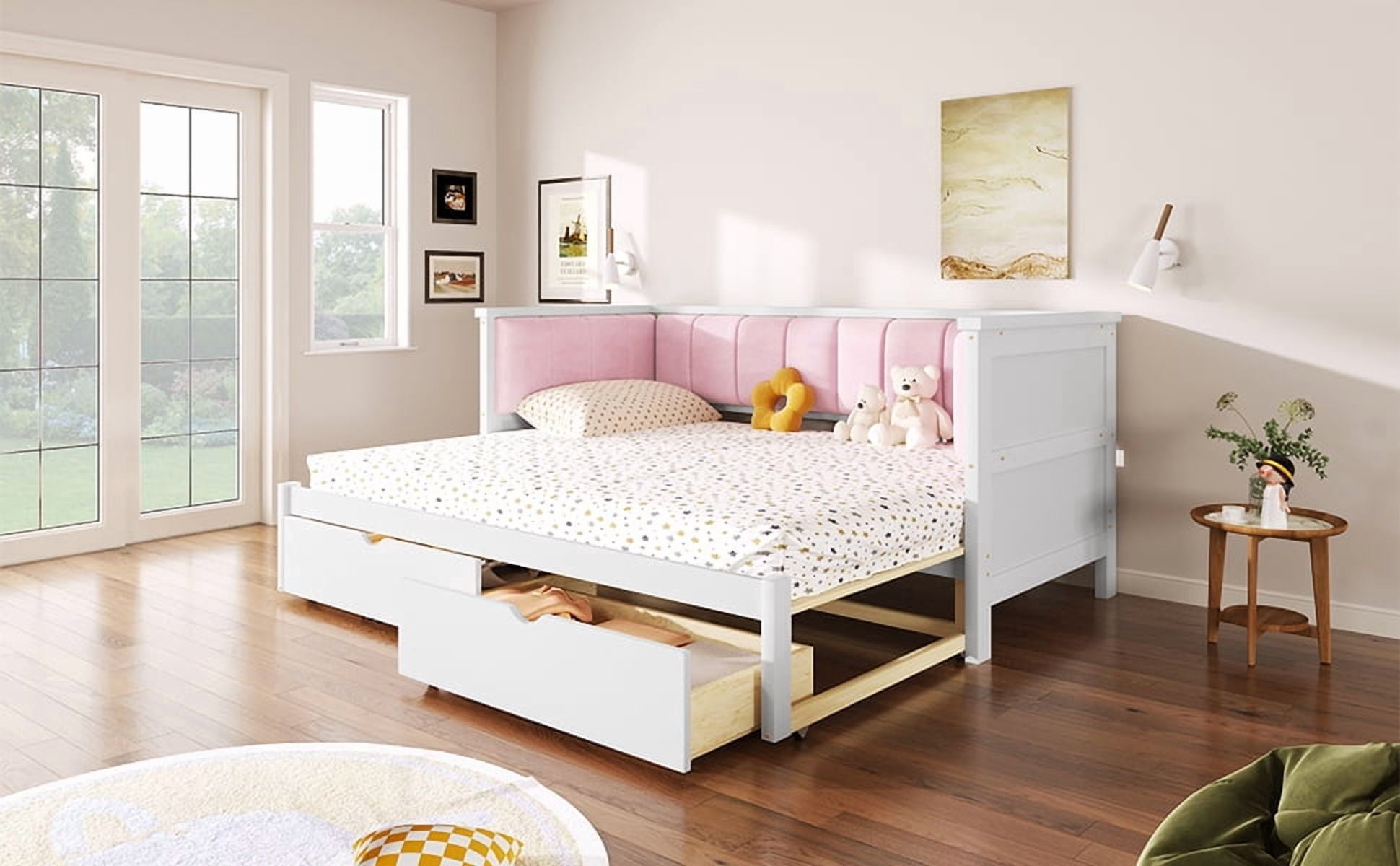 Mintazer Twin XL to King Daybed with Pink Upholstered Backrest & Storage Drawers, White