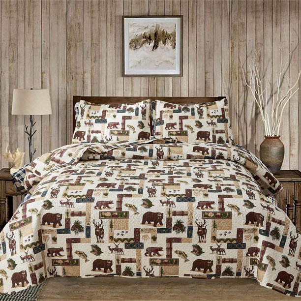 Green Essen Rustic Quilt Set Queen/Full Size Moose Bear Bedding