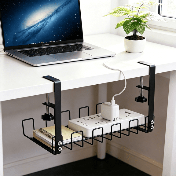 No Drill Under Desk Cable Management Tray Under Desk Cable Tray Holder Desk Cable Organizers Accessories Desk Cable Management Box Fits Most Table for Office, Home