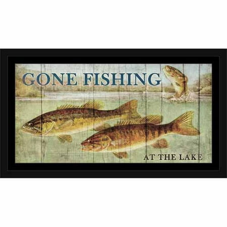 Act Green - Lake Fishing Woog Grain Three Fish Water Lake Lodge Painting Green & Blue, Framed Canvas Art by Pied Piper Creative