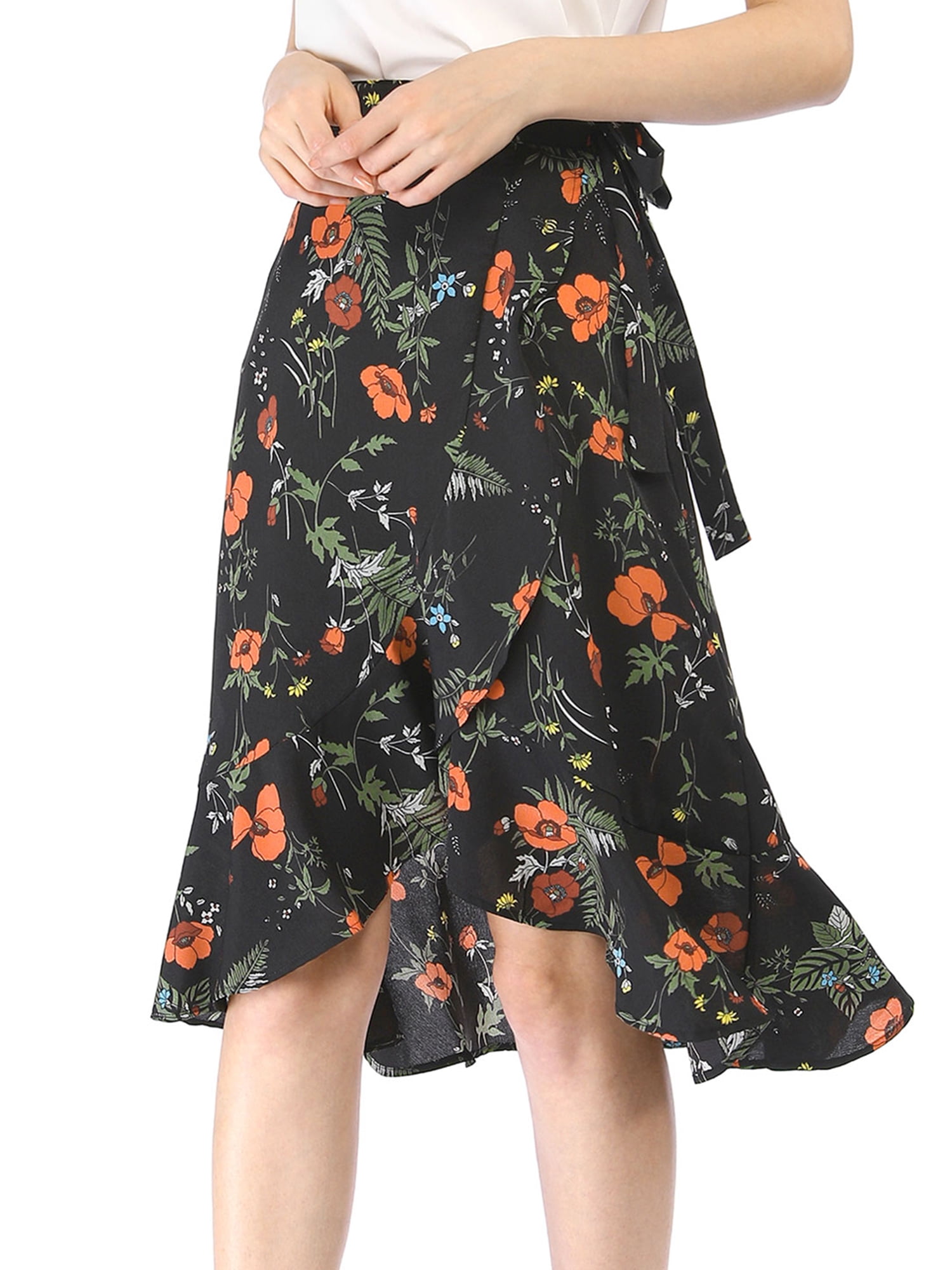 Women Ruffle Skirt Tie Waist High Low Floral Wrap Skirt Black S (US 6 ...