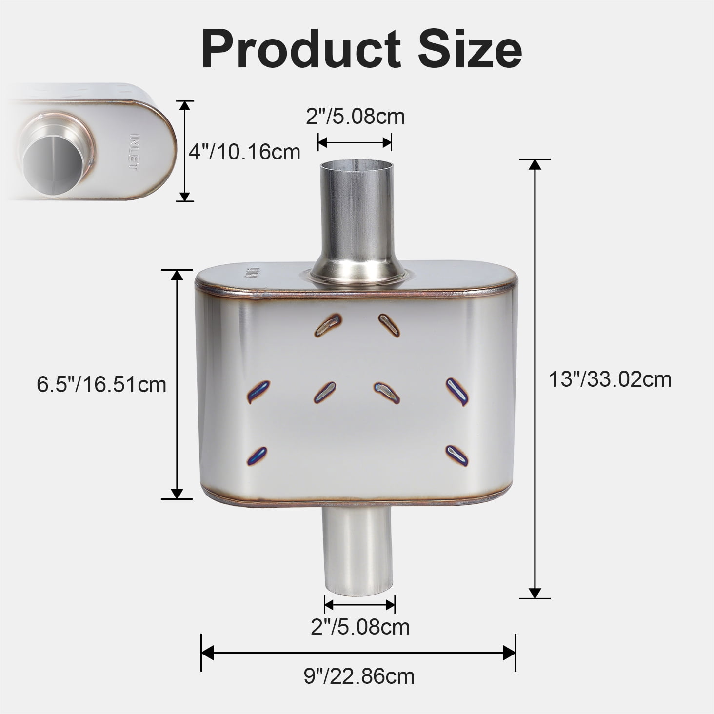 Universal Muffler Single chamber 409 Stainless Steel Performance Muffler for Cars Trucks, 2" Inlet/Outlet, Overall Length 13"