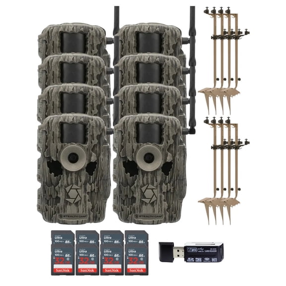 Stealth Cam 36MP Fusion Max Cellular Trail Camera with 80-Feet Detection Range (2-Pack) x 4 Bundle with Mounting Post (8-Pack), 32GB UHS-I Memory Card (8-Pack), and 4-in-1 Card Reader (21 Items)