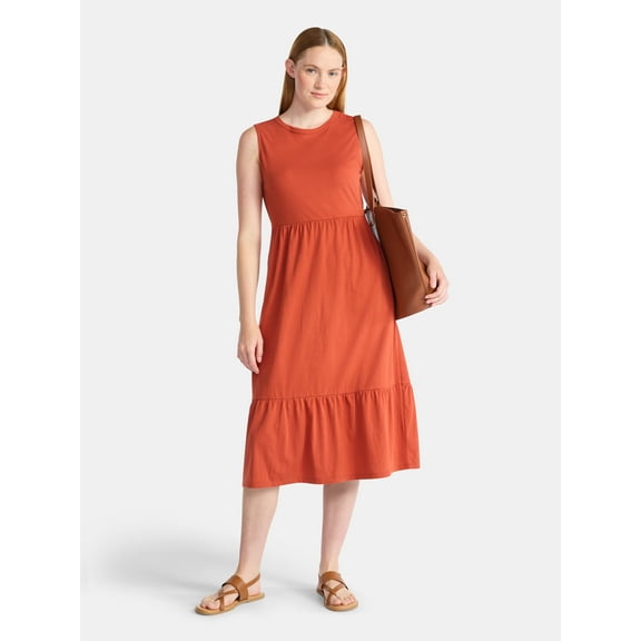 Time and Tru Women's Sleeveless Tiered Cotton Midi Dress, Sizes XS-XXXL