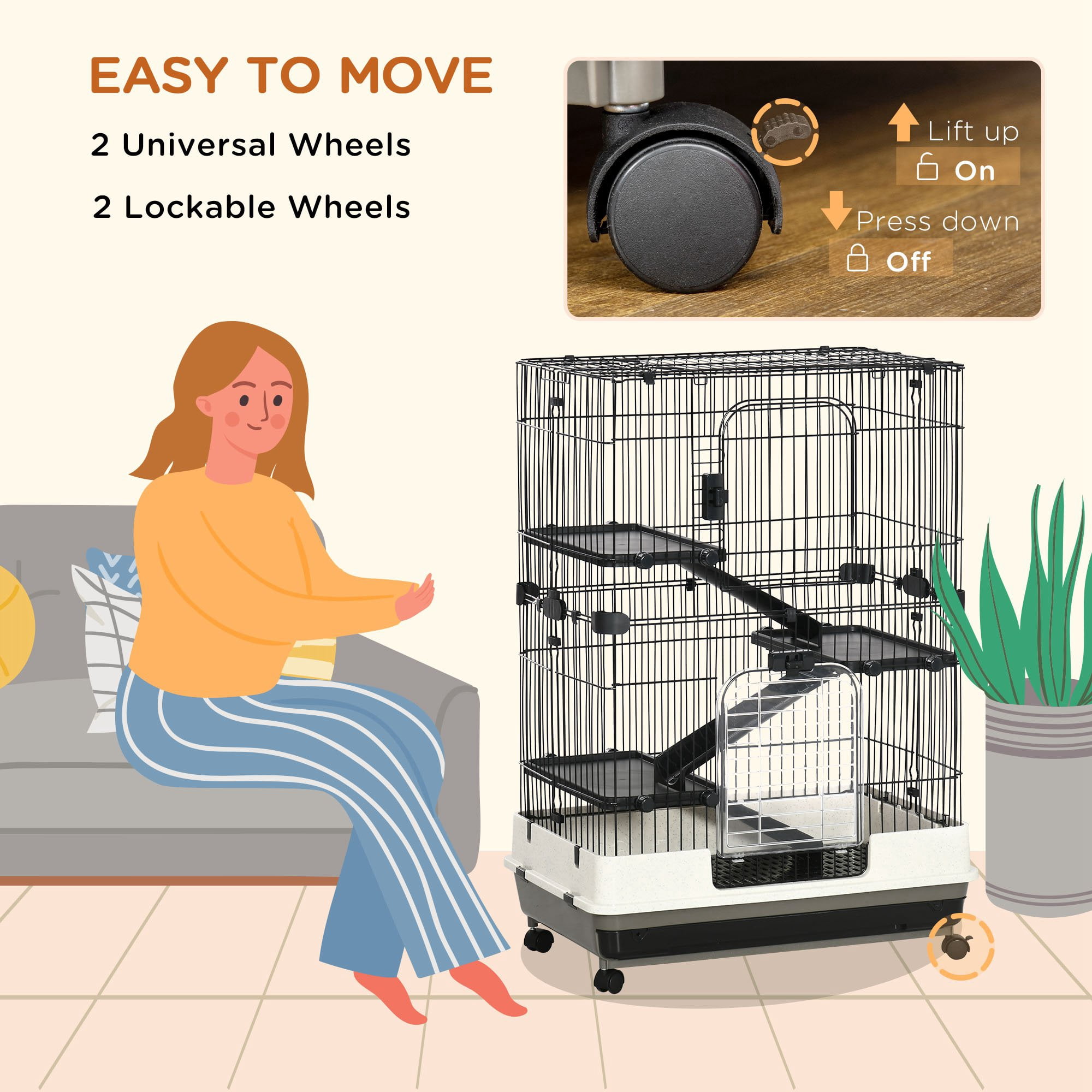 4-Level Small Animal Cage Rabbit Hutch with Wheels, Removable Tray, Platform and Ramp for Bunny, Chinchillas, Ferret, Black