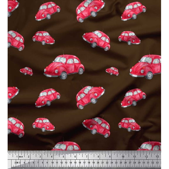 Soimoi Brown Heavy Satin Fabric Car Transport Print Fabric by the Yard 54 Inch Wide