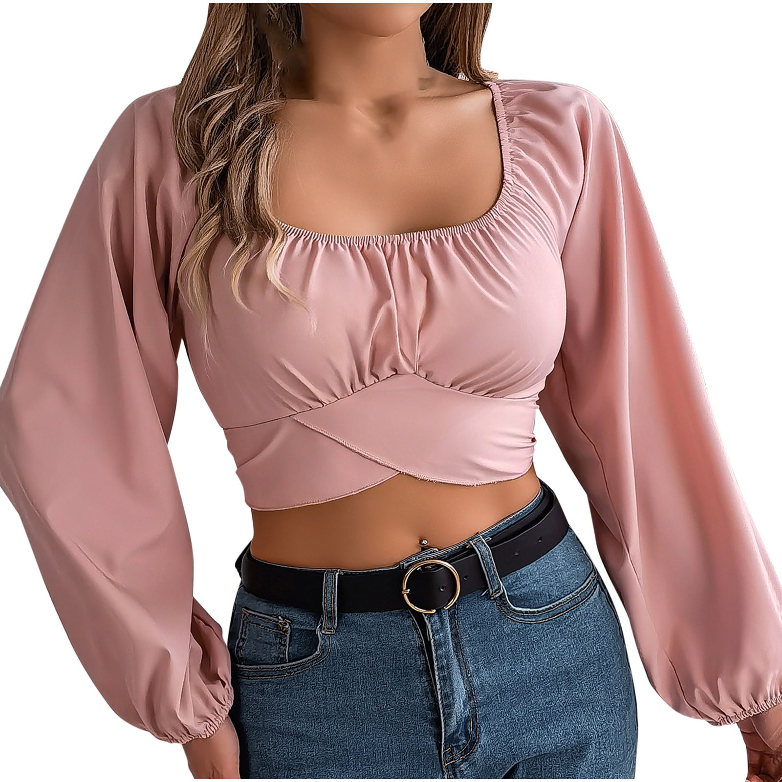 HKEJIAOI Women's Crop Tops Long Lantern Sleeve Square Neck Slim