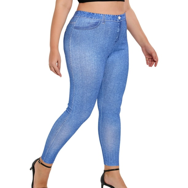 Bellella Ladies Fake Jeans High Waist Faux Denim Pant Butt Lifting Plus  Size Leggings Tight Tummy Control Jeggings Women Bottoms Blue 5XL 