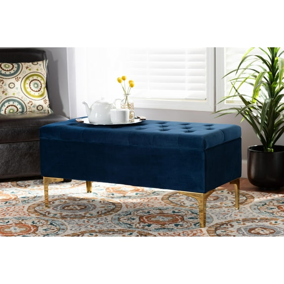 Baxton Studio Valere Glam and Luxe Navy Blue Velvet Fabric Upholstered Gold Finished Button Tufted Storage Ottoman