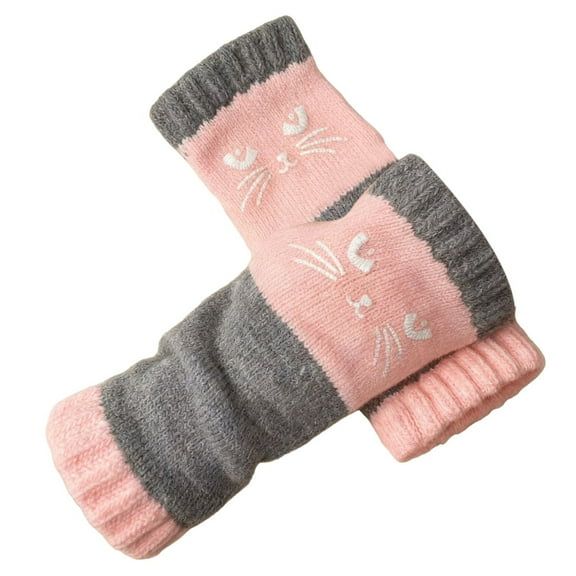 MIASHUIWomen's Knitted Fingerless Gloves Winter Warm with Cat Face Embroidery & Design, Thick Cozy Fashion Casual Leaky Finger Gloves,Pink