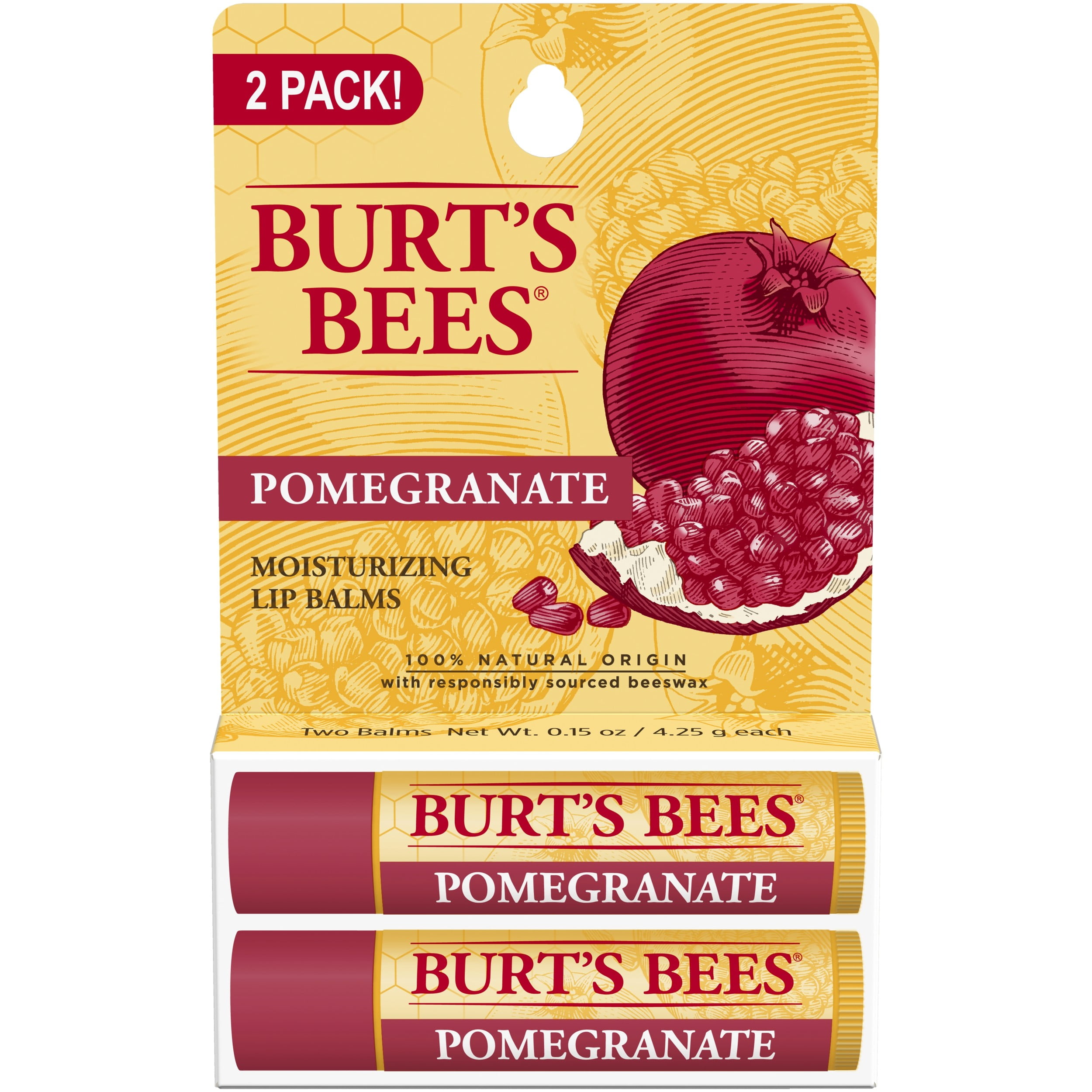 Burt's Bees 100% Natural Moisturizing Lip Balm, Pomegranate, 2 Tubes