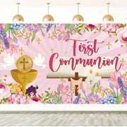 First Holy Communion Backdrop Banner Decorations, Pink Gold Floral Baptism God Bless Background Banner Decorations Photography Background Photo Booth