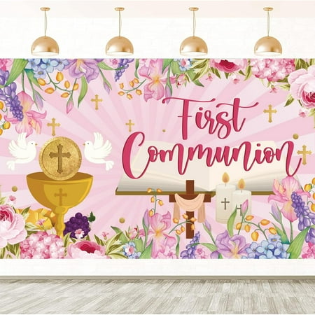 First Holy Communion Backdrop Banner Decorations, Pink Gold Floral Baptism God Bless Background Banner Decorations Photography Background Photo Booth