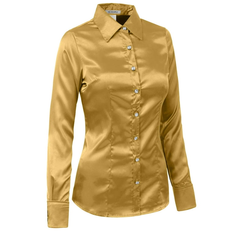 J. METHOD Women s Satin Button Down Shirt Long Cuff Sleeve Collar Silky Office Work Formal Casual Blouse Top NEWT74 Gold XL