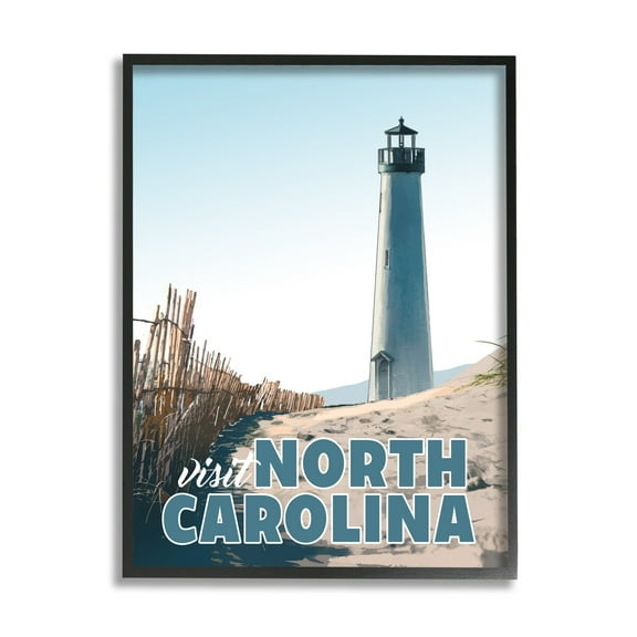Stupell Industries Visit North Carolina Beach Lighthouse Seaside Sand Graphic Art Black Framed Art Print Wall Art, Design by David Owens Illustration